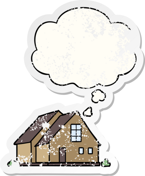 Düşünce baloncuğu olan karikatür evi insan tarafından çizilmiş yıpranmış bir çıkartma gibi.