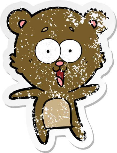 Bir insan tarafından çizilmiş gülen oyuncak ayının sıkıntılı çıkartması.