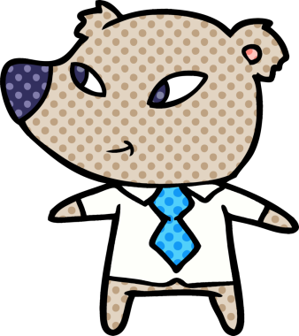 Bir insan tarafından çizilmiş ofis kıyafetleri içindeki sevimli çizgi film ayısı.