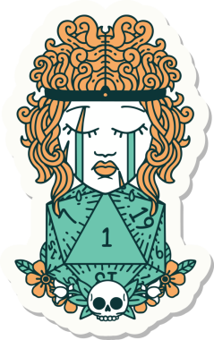 Bir insan tarafından çizilmiş doğal bir d20 rulo ile ağlayan bir insan barbarının çıkartması.