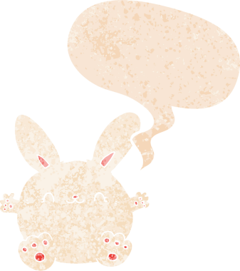 Konuşması kabarcıklı şirin çizgi film tavşanı bir insan tarafından çizilmiş dertli retro tarzı.