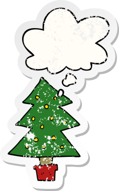 Düşünce baloncuğu olan karikatür Noel ağacı bir insan tarafından çizilmiş yıpranmış bir çıkartma.