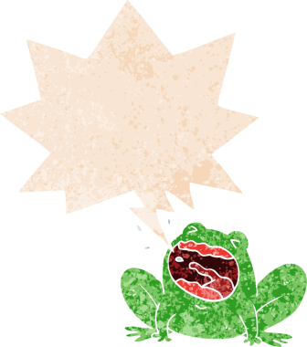 Çizgi film kurbağası homurdanarak konuşma baloncuğu ile bağırıyor. Bir insan tarafından çizilmiş tedirgin edilmiş eski tarz.