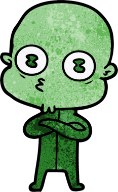 Bir insan tarafından çizilmiş garip kel uzay adamı çizgi filmi.