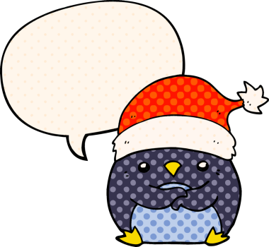Bir insan tarafından çizilmiş çizgi roman tarzında konuşma baloncuğu olan Noel şapkası takan sevimli penguen.