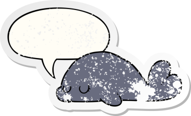 Tatlı karikatür mührü, konuşma baloncuğu, bir insan tarafından çizilmiş sıkıntılı eski bir çıkartma.