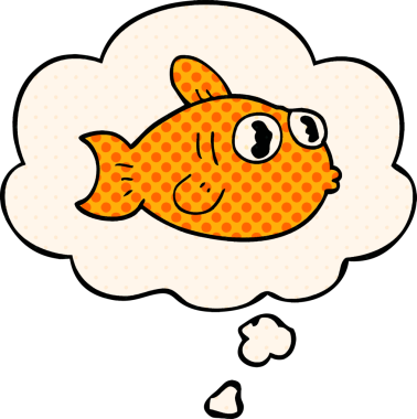 Bir insan tarafından çizilmiş, düşünce baloncuklu çizgi film balığı.