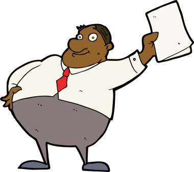 Çizgi film patronu bir insan tarafından çizilmiş kağıtları sallıyor.