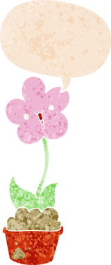 Bir insan tarafından çizilmiş grunge dertli retro biçimli konuşma baloncuğu ile sevimli karikatür çiçek