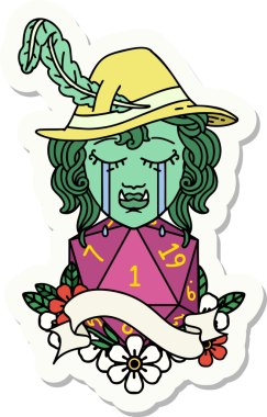 Ağlayan bir ork ozan karakterinin çıkartması. Bir insan tarafından çizilmiş doğal bir D20 rulosu.