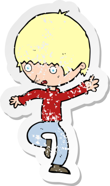 Bir insan tarafından çizilen panikleyen bir çizgi filmin gerilimli retro çıkartması.