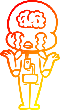 Bir çizgi filmin sıcak çizgi çizimi. Bir insan tarafından çizilmiş ağlayan büyük beyin uzaylısı.