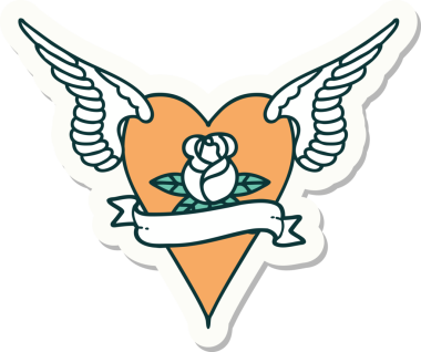 Geleneksel bir dövme stili. Uçan kalp. Çiçekler ve bir insan tarafından çizilmiş bayrak.