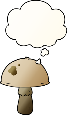 Düşünce baloncuğu olan karikatür mantarı bir insan tarafından çizilmiş.