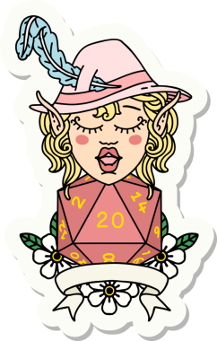 Bir insan tarafından çizilmiş 20 zarlı elf şairinin çıkartması.