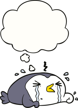 Bir insan tarafından çizilmiş düşünce baloncuğu ile ağlayan penguen çizgi filmi