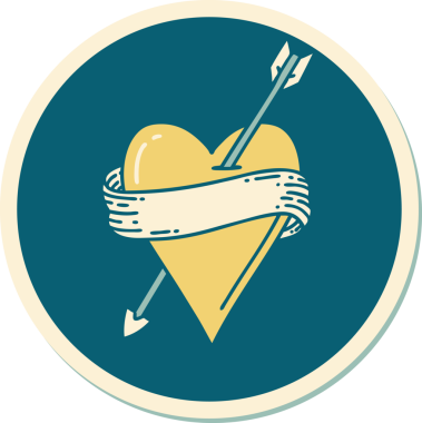 Bir insan tarafından çizilmiş ok kalp ve pankartın geleneksel stiliyle dövme çıkartması.