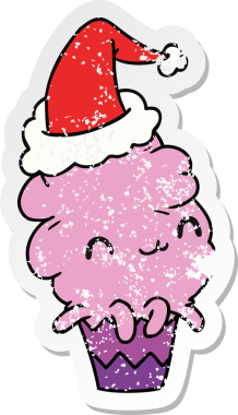 Bir insan tarafından çizilmiş kawaii kekinin sıkıntılı yılbaşı çıkartması.