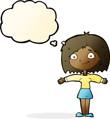 Bir insan tarafından çizilmiş düşünce balonlu mutlu kız çizgi filmi.