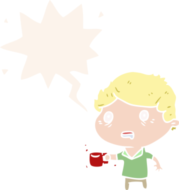 Bir insan tarafından çizilmiş retro tarzı konuşma baloncuğuyla çok fazla kahve içtiği için karikatür adam gerginliği.