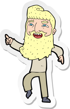 Bir insan tarafından çizilmiş, sakallı, gülen ve işaret eden bir adamın çıkartması.