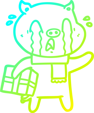 Ağlayan bir domuz çizgi filminin soğuk gradyan çizimi. Bir insan tarafından çizilmiş Noel hediyesi.