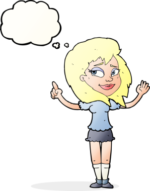 Bir insan tarafından çizilmiş düşünce baloncuğu fikri olan karikatür kadın.