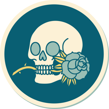 Geleneksel kafatası stili dövme çıkartması ve bir insan tarafından çizilmiş gül.