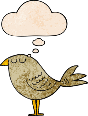 Bir insan tarafından çizilmiş grunge desenli düşünce baloncuklu çizgi film kuşu.