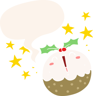 Tatlı çizgi film mutlu noel pudingi konuşma baloncuğu ile retro tarzı bir insan tarafından çizilmiş