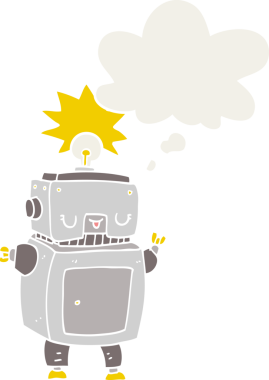 Düşünce baloncuğu olan karikatür robotu insan tarafından çizilmiş.