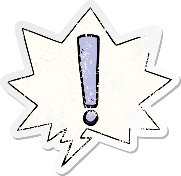 Konuşma baloncuğu olan çizgi film ünlem işareti bir insan tarafından çizilmiş sıkıntılı eski bir çıkartma