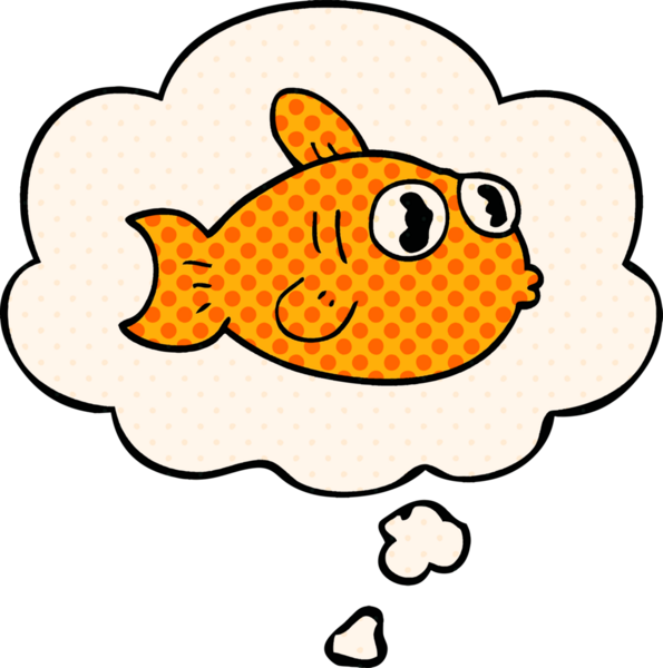 Bir insan tarafından çizilmiş, düşünce baloncuklu çizgi film balığı.