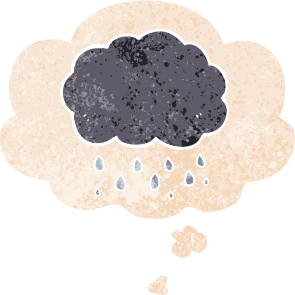 Düşünce baloncuğuyla yağmur yağıyor grunge 'da sıkıntılı eski moda bir insan tarafından çizilmiş.