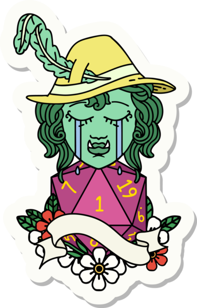 Ağlayan bir ork ozan karakterinin çıkartması. Bir insan tarafından çizilmiş doğal bir D20 rulosu.