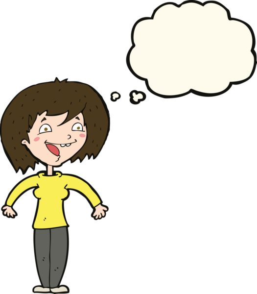 Bir insan tarafından çizilmiş düşünce baloncuğu olan heyecanlı bir kadın.