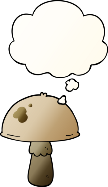 Düşünce baloncuğu olan karikatür mantarı bir insan tarafından çizilmiş.