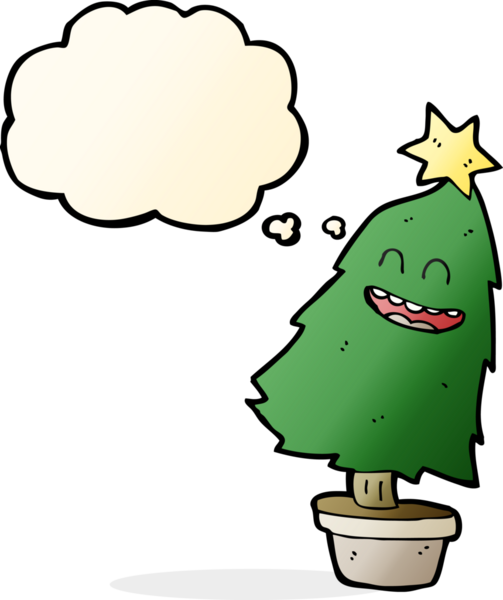 Bir insan tarafından çizilmiş düşünce baloncuğuyla dans eden çizgi film noel ağacı.