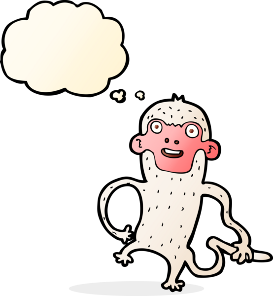 Bir insan tarafından çizilmiş düşünce baloncuklu çizgi maymun.