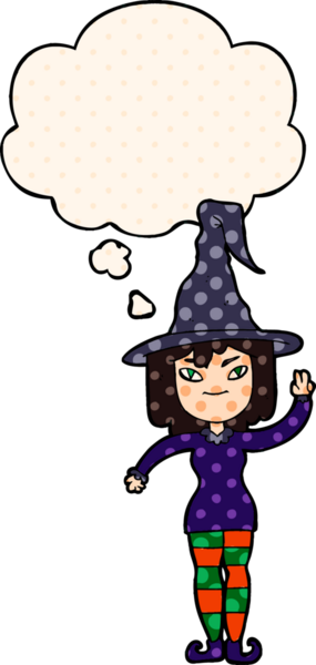 Çizgi roman tarzında düşünce baloncuğu olan çizgi roman cadısı bir insan tarafından çizilmiş.