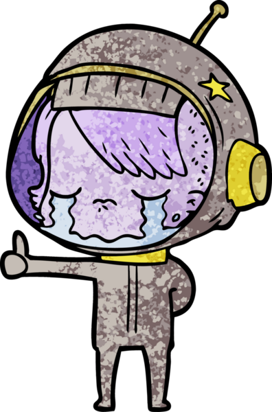 Çizgi film ağlayan astronot kız bir insan tarafından çizilmiş baş parmak işareti yapıyor.