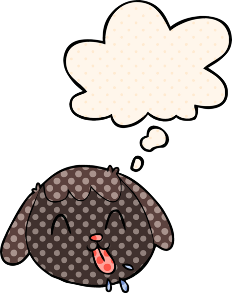 Çizgi roman tarzında bir insan tarafından çizilmiş düşünce baloncuklu çizgi köpek yüzü.