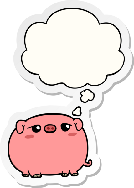 Bir insan tarafından çizilmiş bir çıkartma olarak düşünce baloncuğu olan şirin çizgi film domuzu.