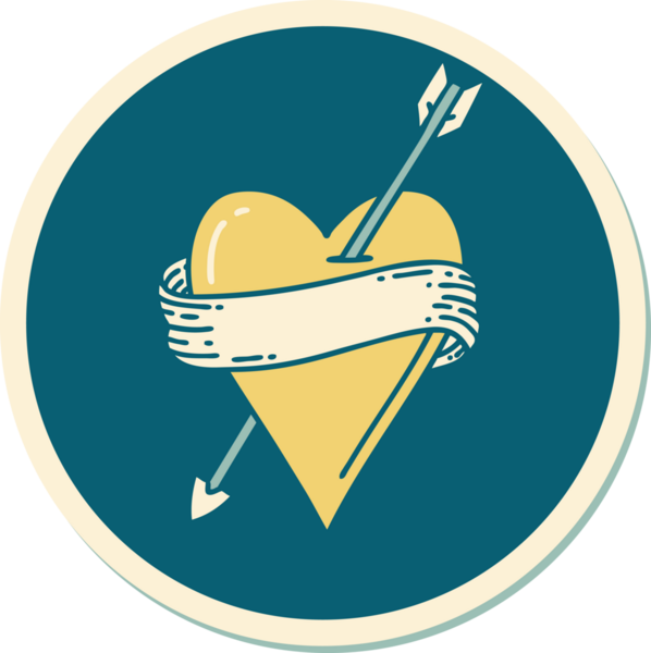 Bir insan tarafından çizilmiş ok kalp ve pankartın geleneksel stiliyle dövme çıkartması.