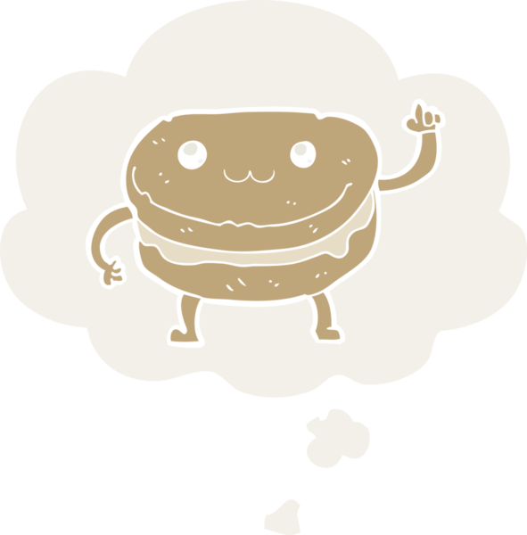 Düşünce baloncuğu olan pasta karakterini bir insan tarafından çizilmiş bir çizgi film.