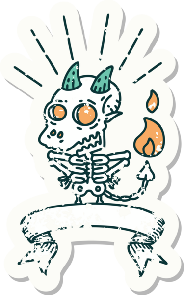 Bir insan tarafından çizilmiş eski bir dövme stili iskelet şeytan karakteri çıkartması.