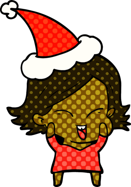 Bir insan tarafından çizilmiş Noel Baba şapkası giyen bir kızın çizilmiş mutlu el çizimi çizgi roman tasviri.