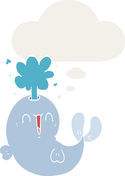 Bir insan tarafından çizilmiş düşünce baloncuğuyla su püskürten çizgi film balinası.