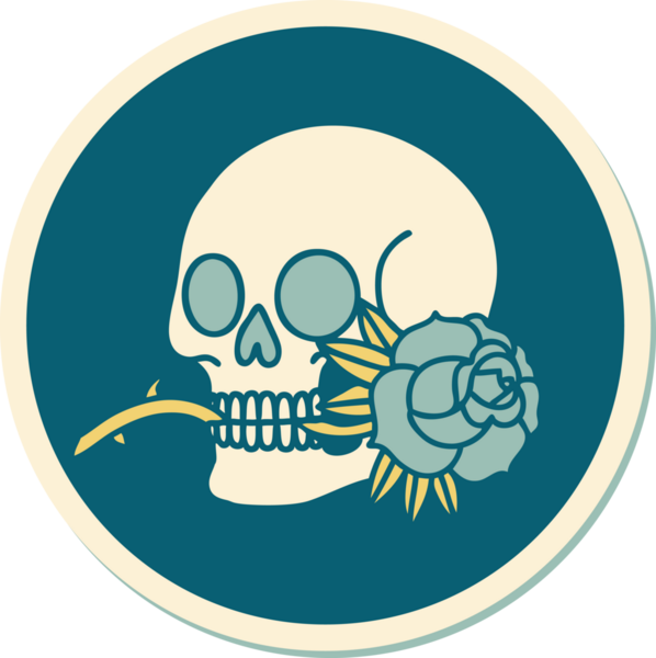 Geleneksel kafatası stili dövme çıkartması ve bir insan tarafından çizilmiş gül.