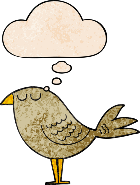 Bir insan tarafından çizilmiş grunge desenli düşünce baloncuklu çizgi film kuşu.